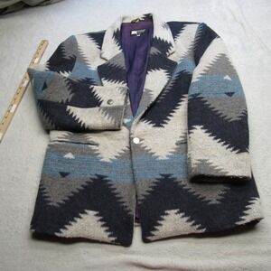 JK Aztec Blazer Mens Medium Gray Blue Relaxed Southwestern Jacket Made USA
